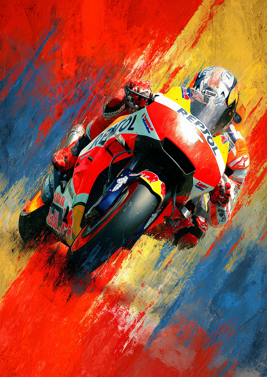 Dynamic artwork of a vibrant motorbike racing against a colourful abstract background.