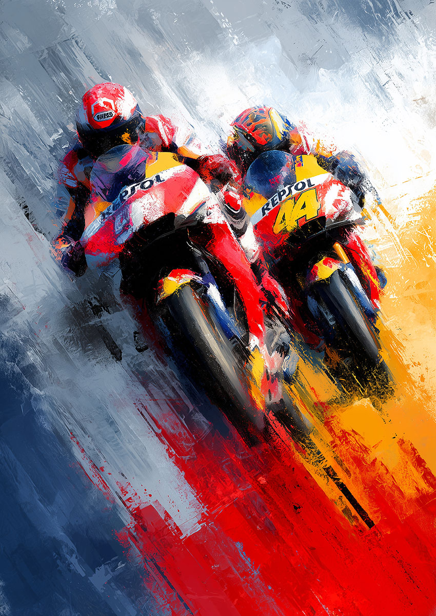 Vibrant artwork of two motorbikes racing with colour streaks in the background.