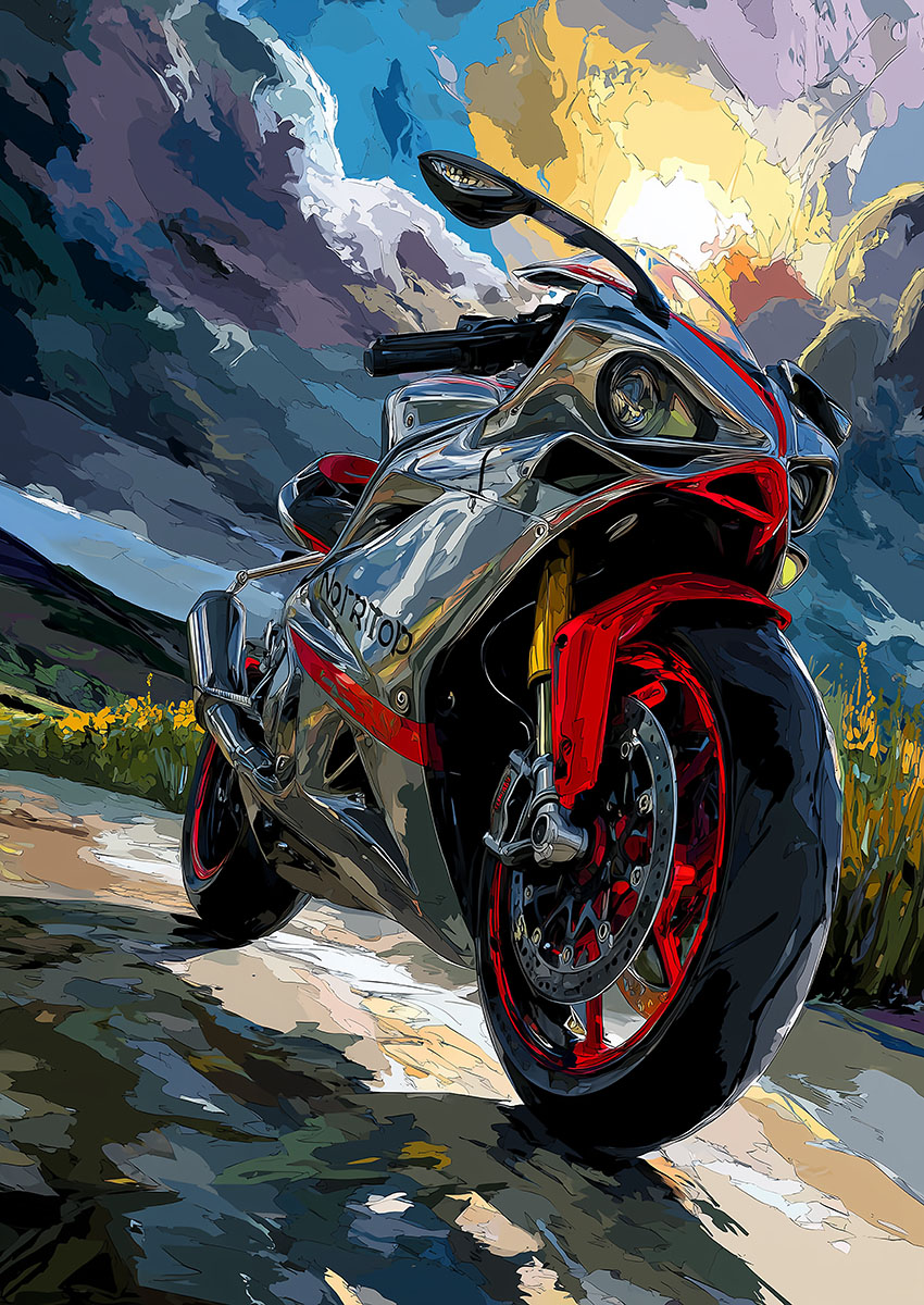 Artwork of a modern sportbike against a dramatic sky backdrop.
