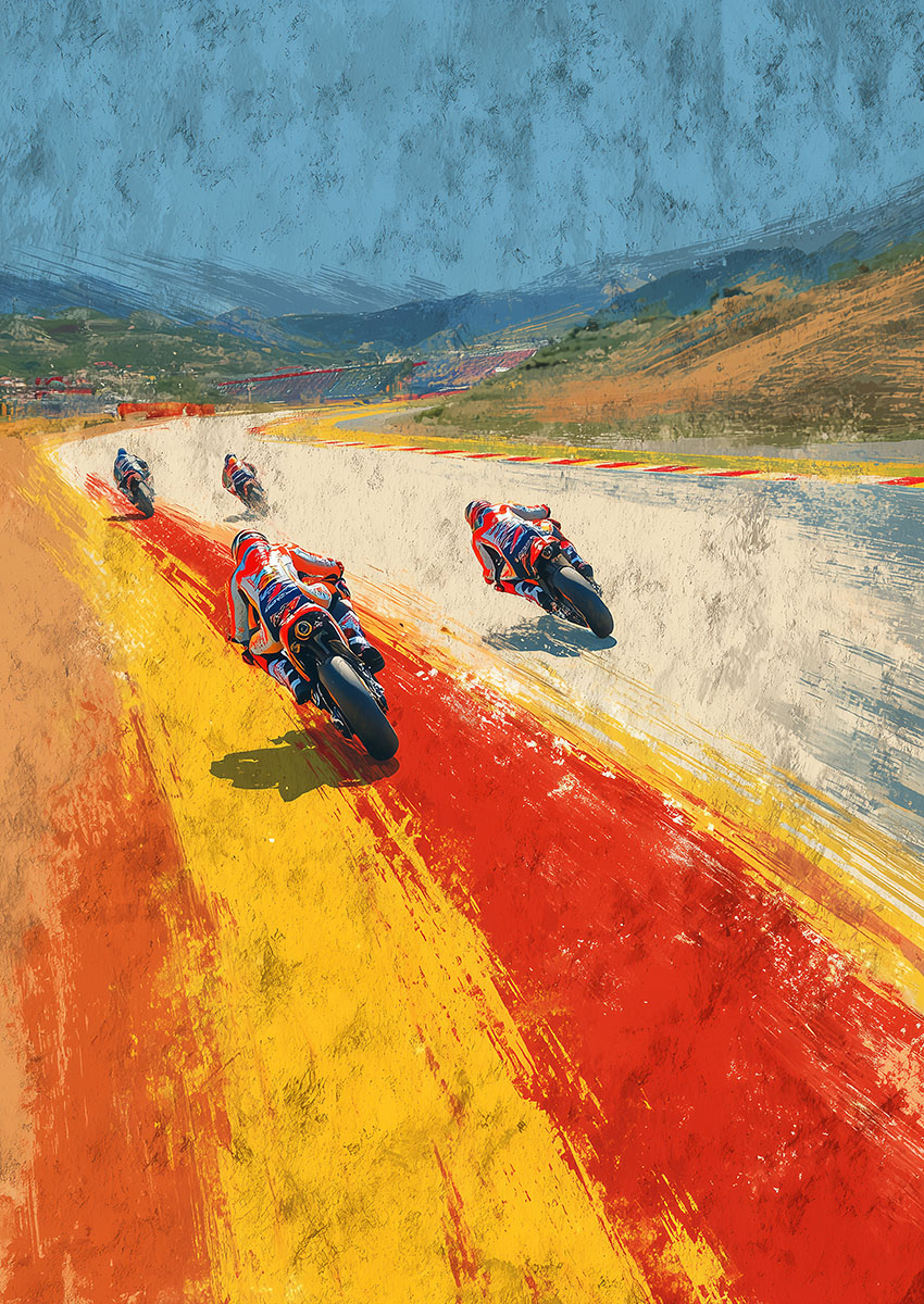 Vibrant artwork of motorbike racing on a colourful track, showcasing dynamic speed and movement.