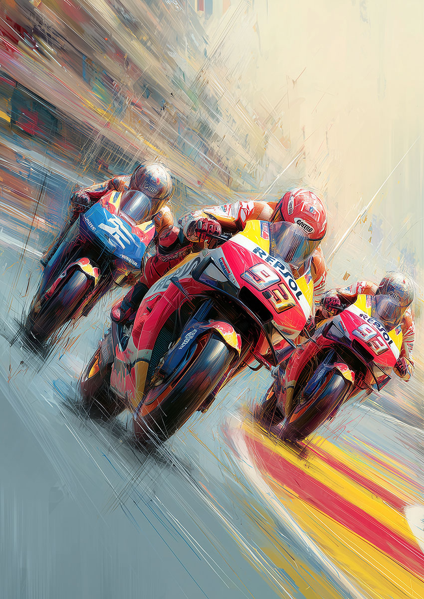Dynamic artwork of vibrant motorcycle racing scene on the racetrack.