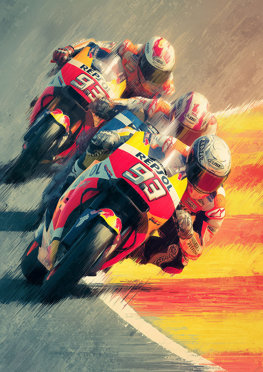 Dynamic artwork of vibrant red and yellow MotoGP racing bikes leaning into a turn on a vibrant background.