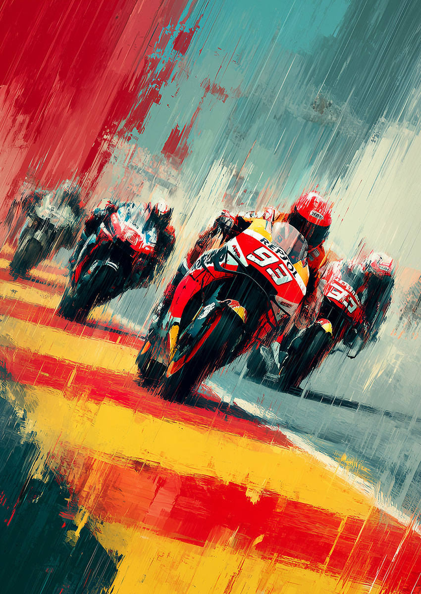 Vibrant artwork of MotoGP racing motorbikes in motion on a colourful track.