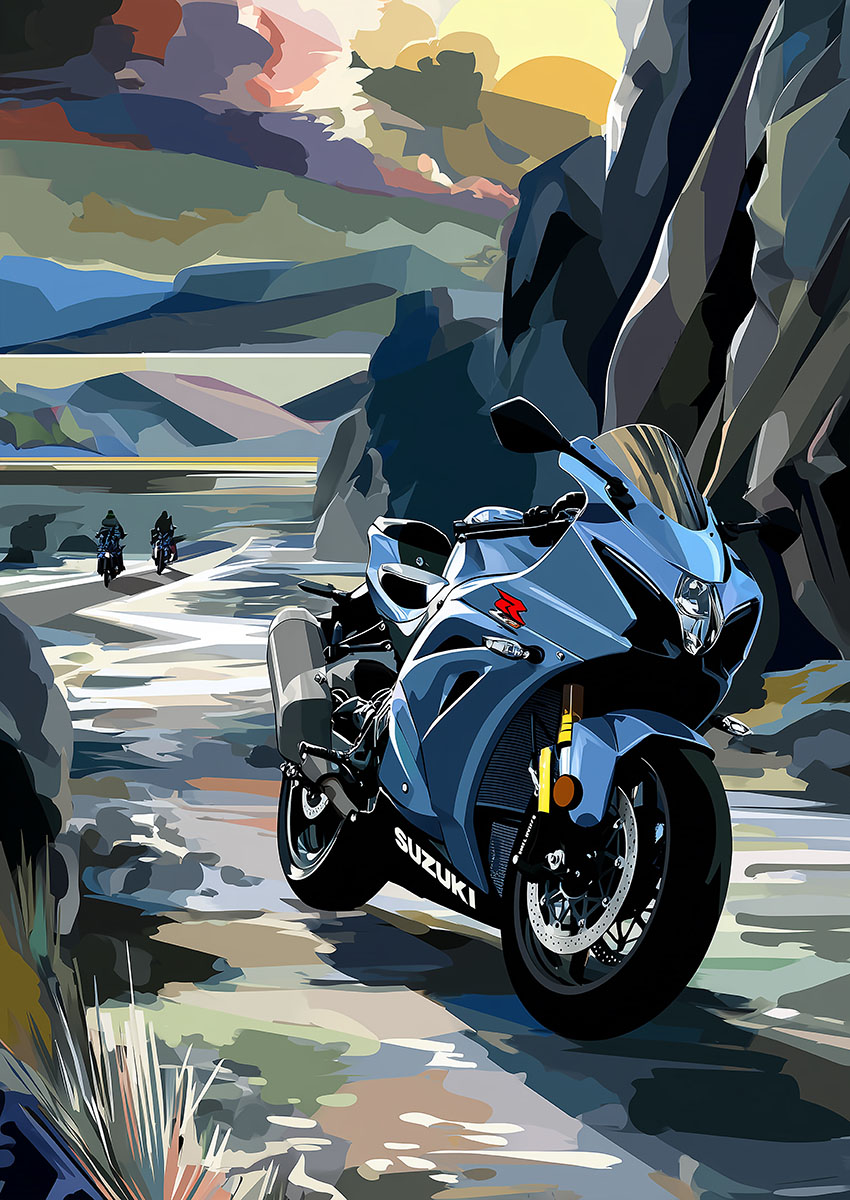 Artistic representation of a Suzuki GSX-R style sport motorbike set against a scenic landscape with mountains and rocky terrain.