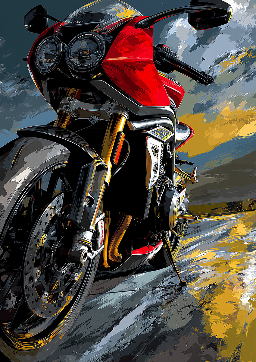 Dynamic artwork of a MV Agusta style motorbike captured on a scenic road under dramatic skies.