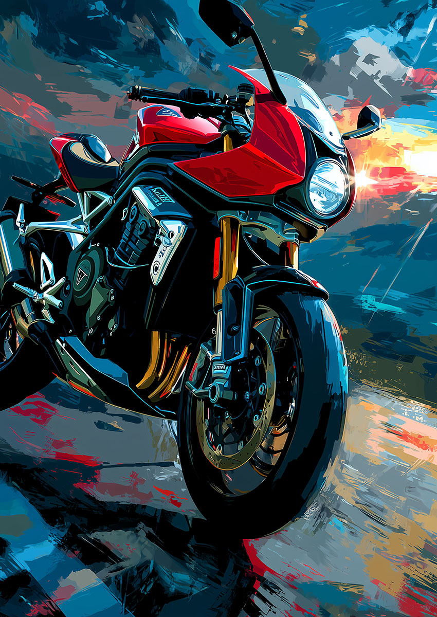 Vibrant artwork of a bright red sports motorcycle against a dramatic sky