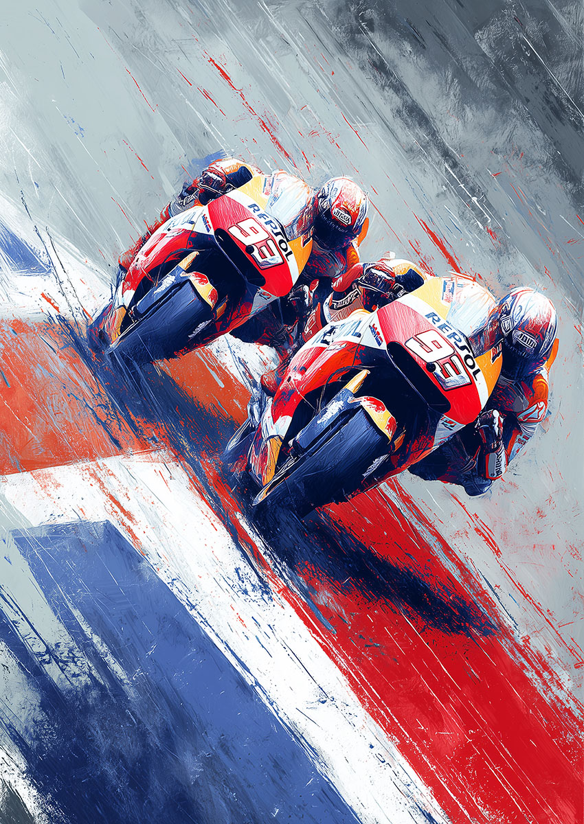 Dramatic artwork of a dynamic motorbike racing scene with vibrant colours and motion