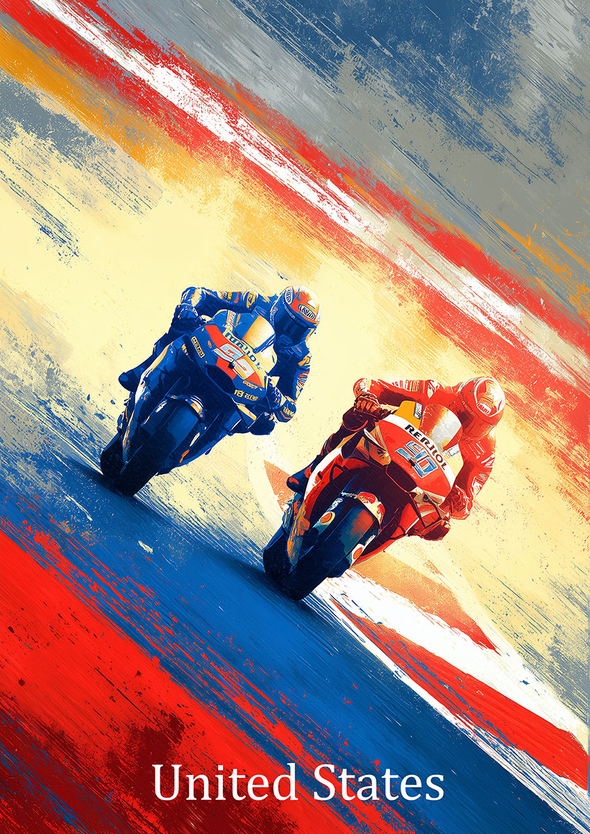 Dynamic artistic depiction of MotoGP riders racing during the United States Grand Prix