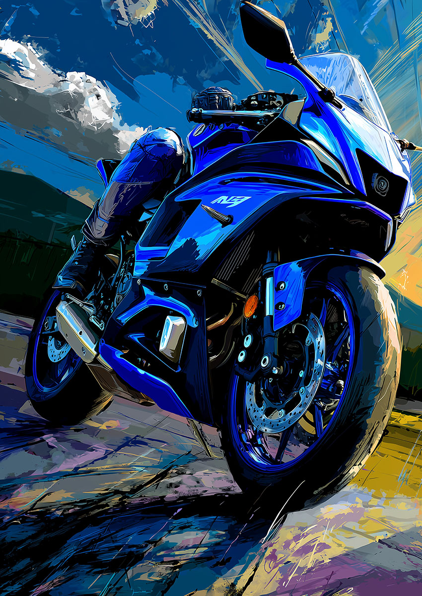 Dynamic artwork of a vibrant blue motorbike in motion under a cloudy sky.
