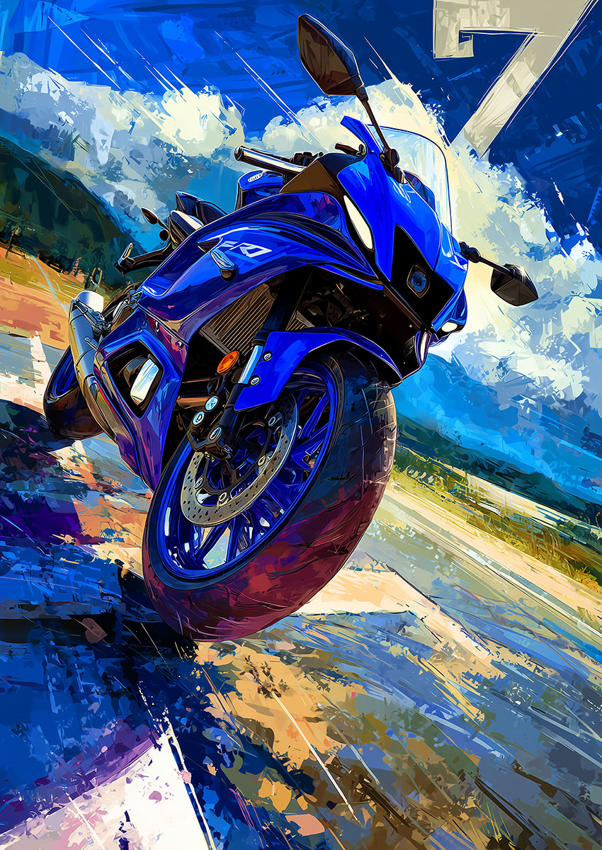Dramatic artwork of a bright blue motorcycle speeding on an empty road under a blue sky.
