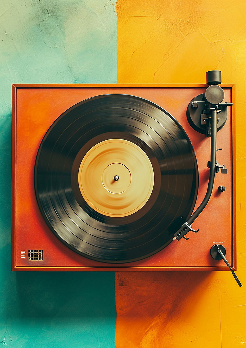 Artwork of a vintage-style turntable on a colourful background.
