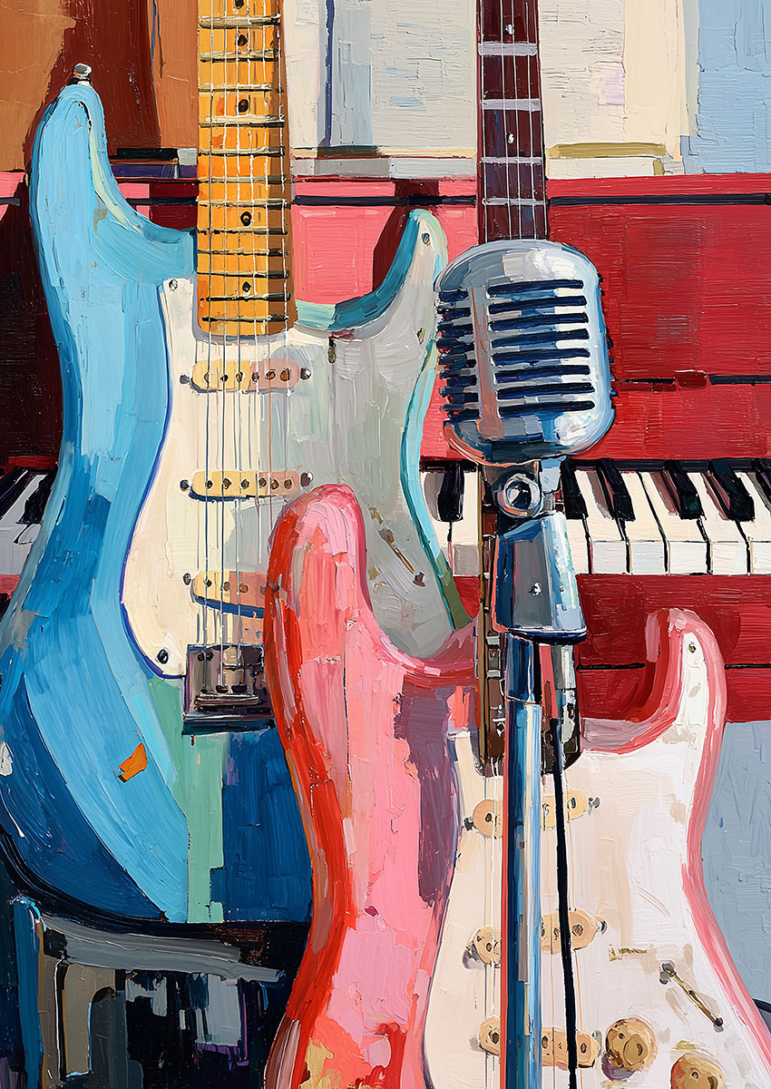 Artwork featuring vibrant electric guitars and a microphone against a colourful background.