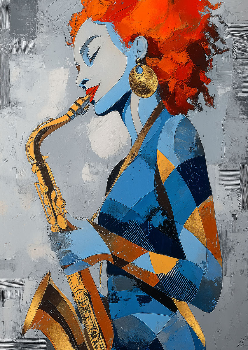 Vibrant artwork of a saxophonist playing, featuring bold colours and expressive forms.