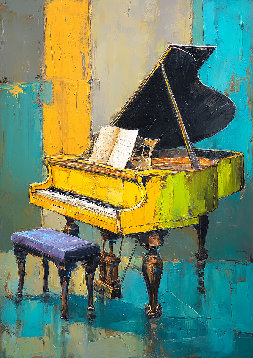 Vibrant artwork of a grand piano in bold yellow and turquoise tones on a reflective surface.
