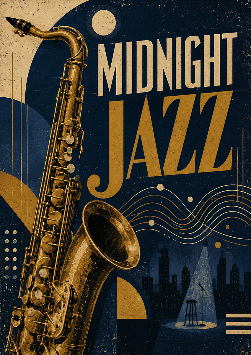 Vintage style saxophone illustration with Midnight Jazz text, set against a dark city skyline backdrop