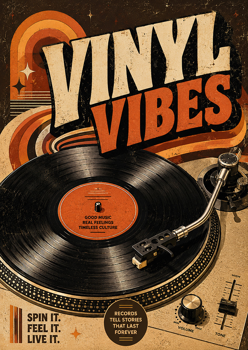 Vintage vinyl record turntable with retro orange geometric background patterns and typography