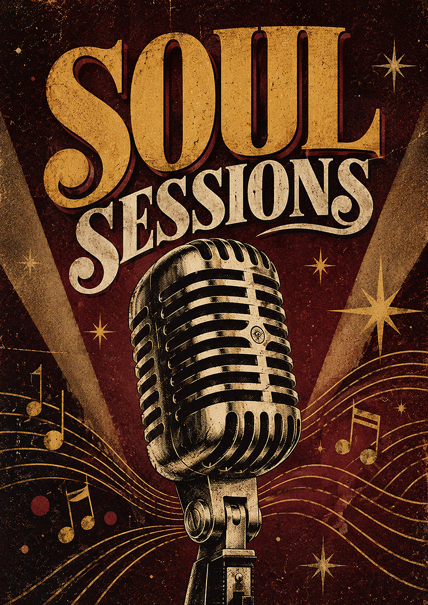 Vintage style microphone illustration with musical notes on a textured deep red and gold background