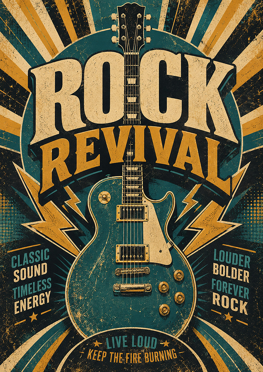 Vintage style poster featuring a Gibson Les Paul style electric guitar and bold rock revival typography