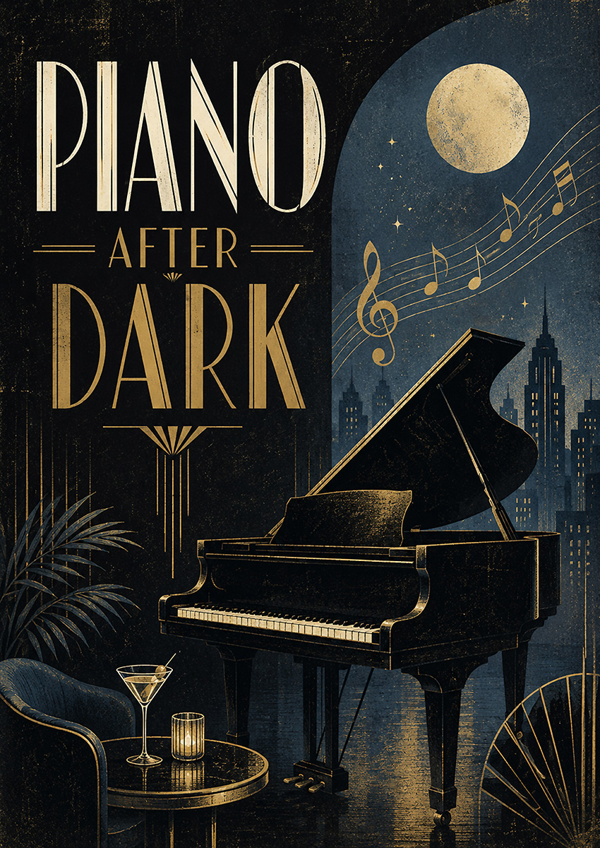 Art deco illustration of a grand piano in a moonlit city lounge with musical notes and a martini glass