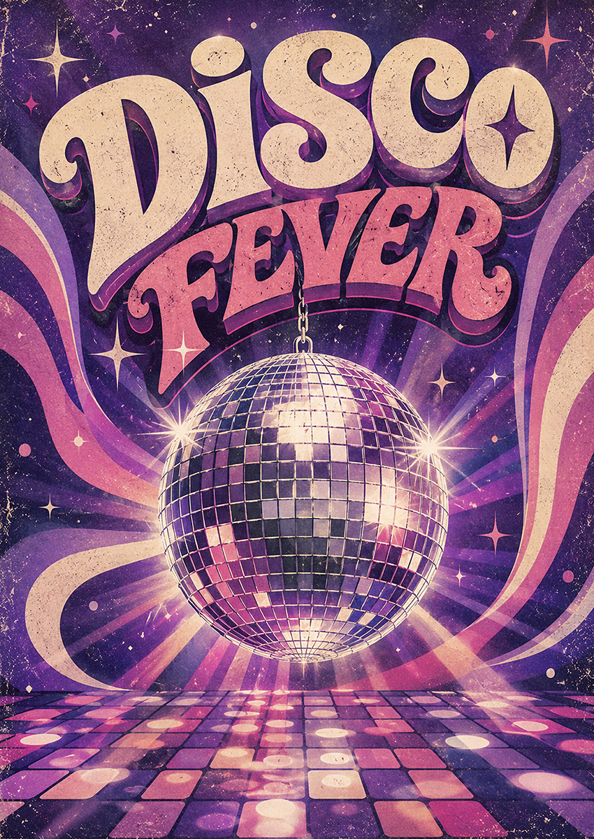 Retro-styled disco ball artwork with vibrant purple and pink light trails and Disco Fever text