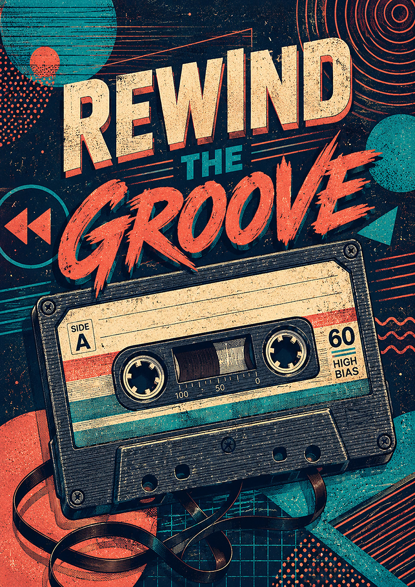 Vintage cassette tape illustration with retro 80s geometric graphics and bold typography