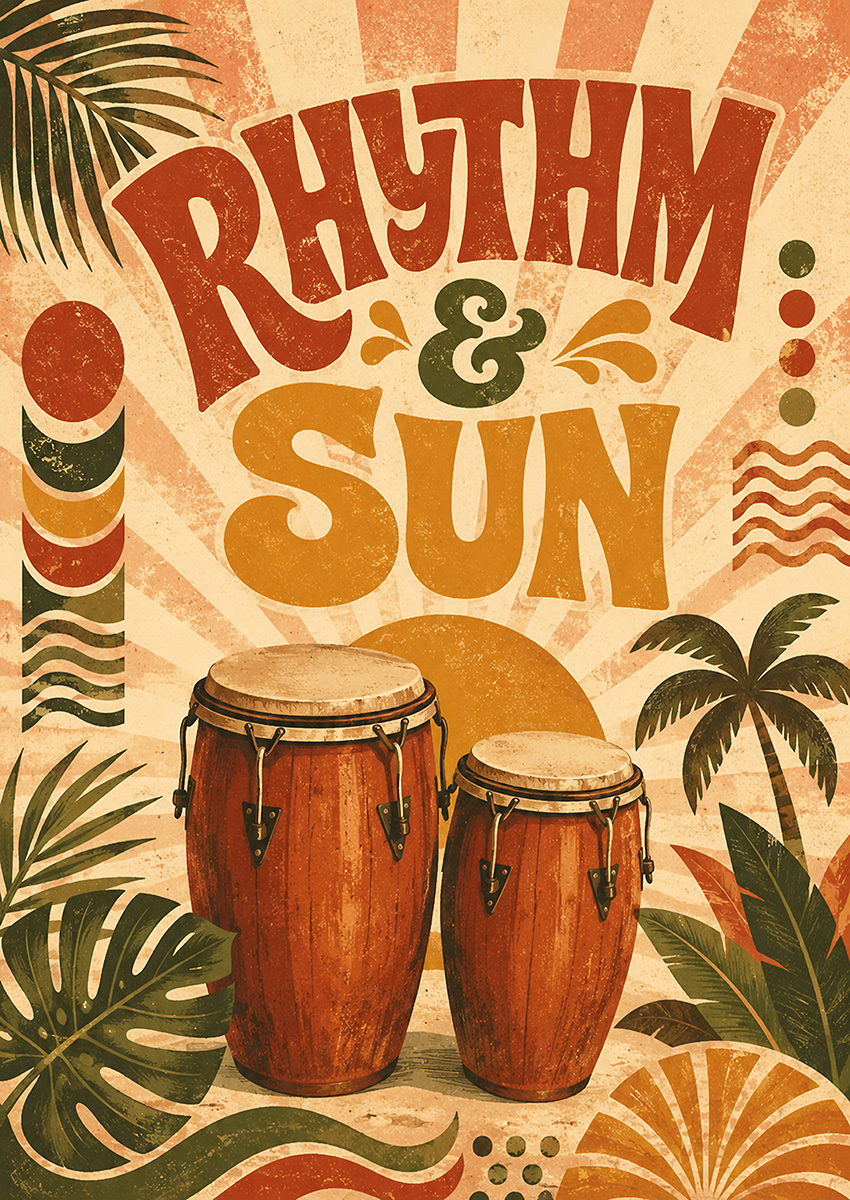 Vintage style poster featuring conga drums with tropical leaves and a sunburst background