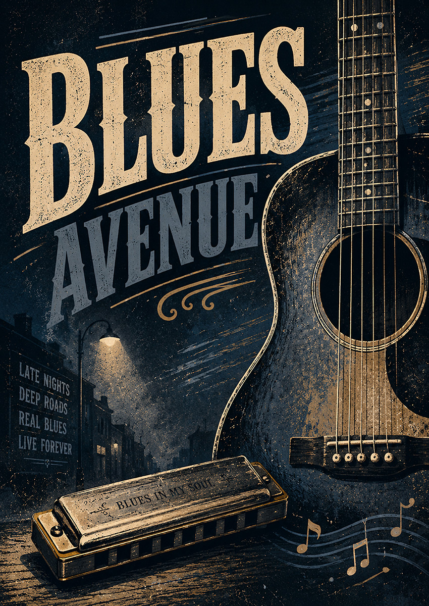 Vintage style artwork featuring an acoustic guitar and harmonica with the text Blues Avenue