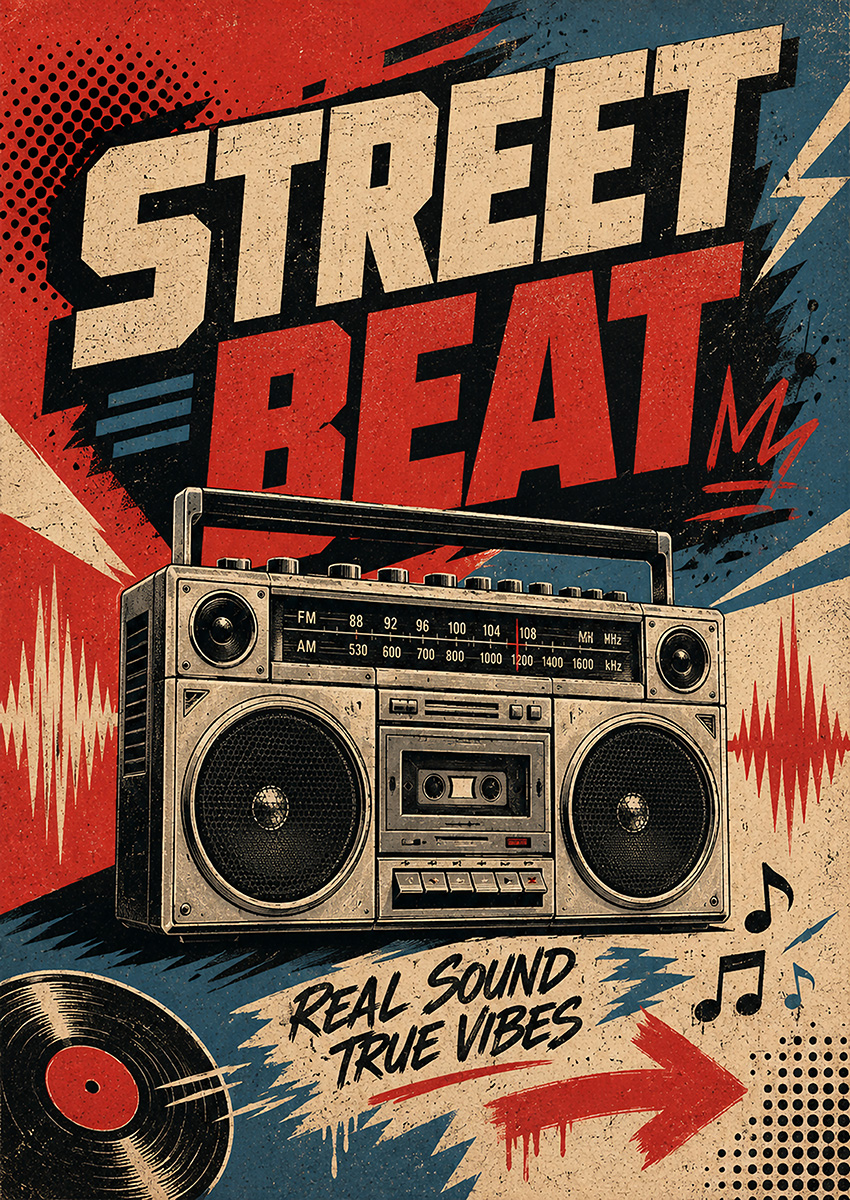 Vintage Street Beat boombox illustration with graphic audio waves and vinyl record elements