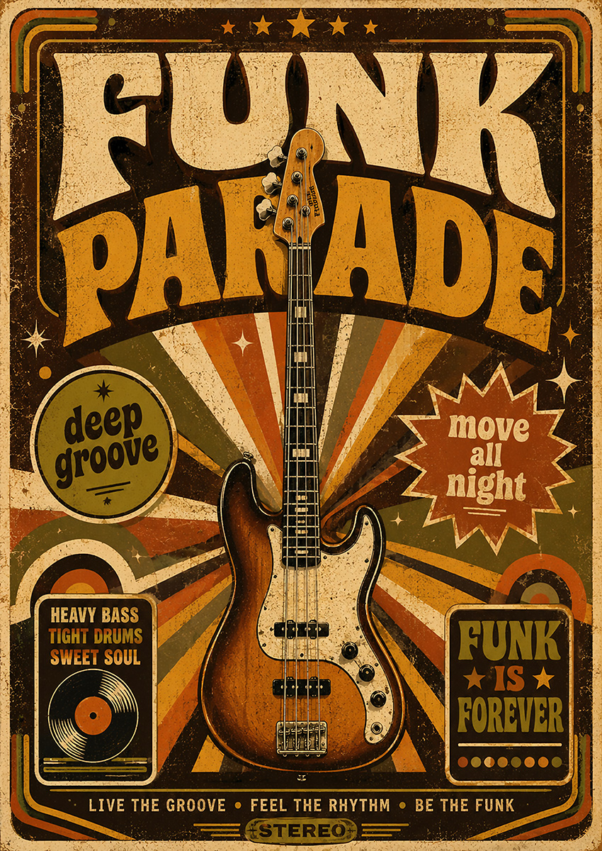 Vintage electric bass guitar graphic design with retro 1970s typography and sunburst background