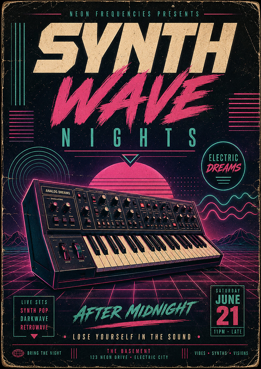 A vintage style analogue synthesizer depicted in a vibrant neon synthwave aesthetic with a retro digital grid