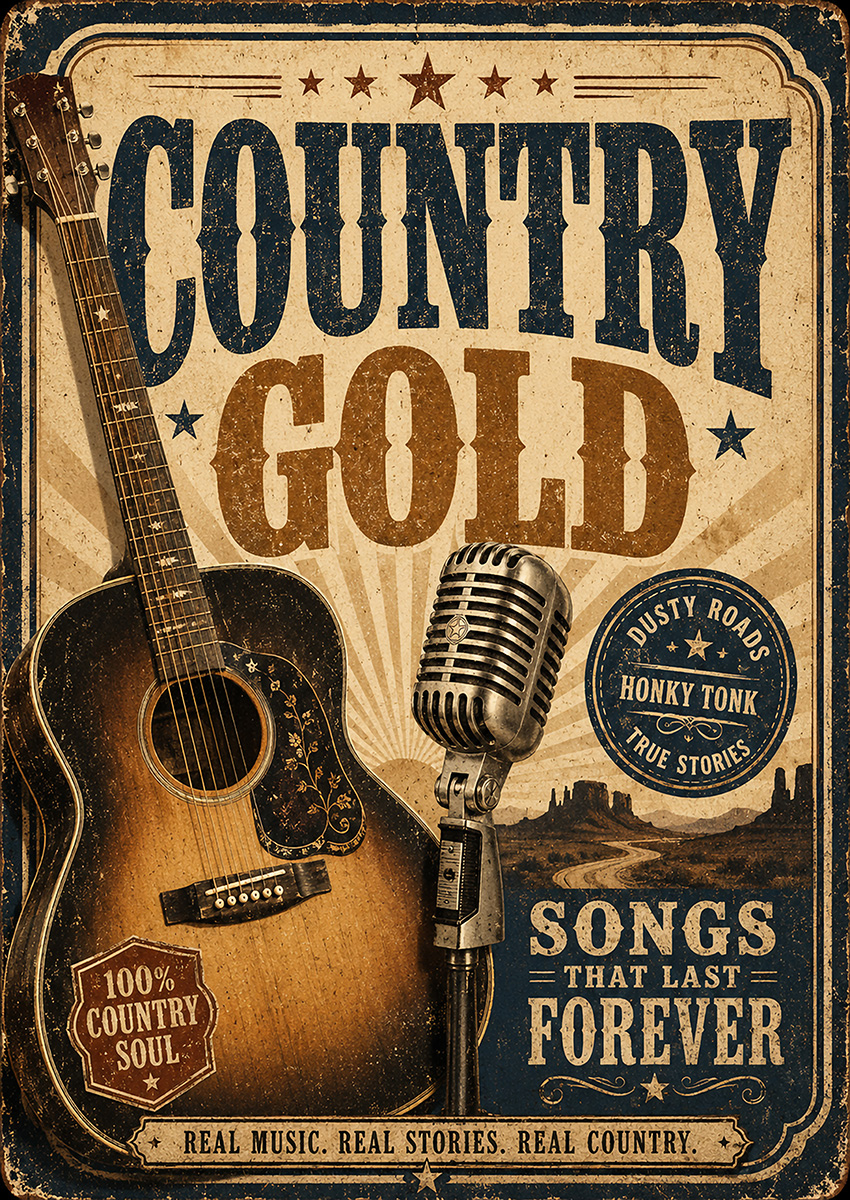 Vintage style Country Gold poster featuring an acoustic guitar and a classic microphone against a desert landscape background