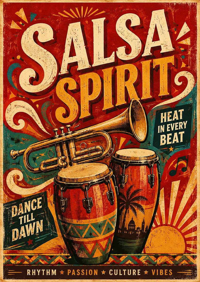 Vintage style poster featuring a trumpet and conga drums with the text Salsa Spirit against a warm, patterned background