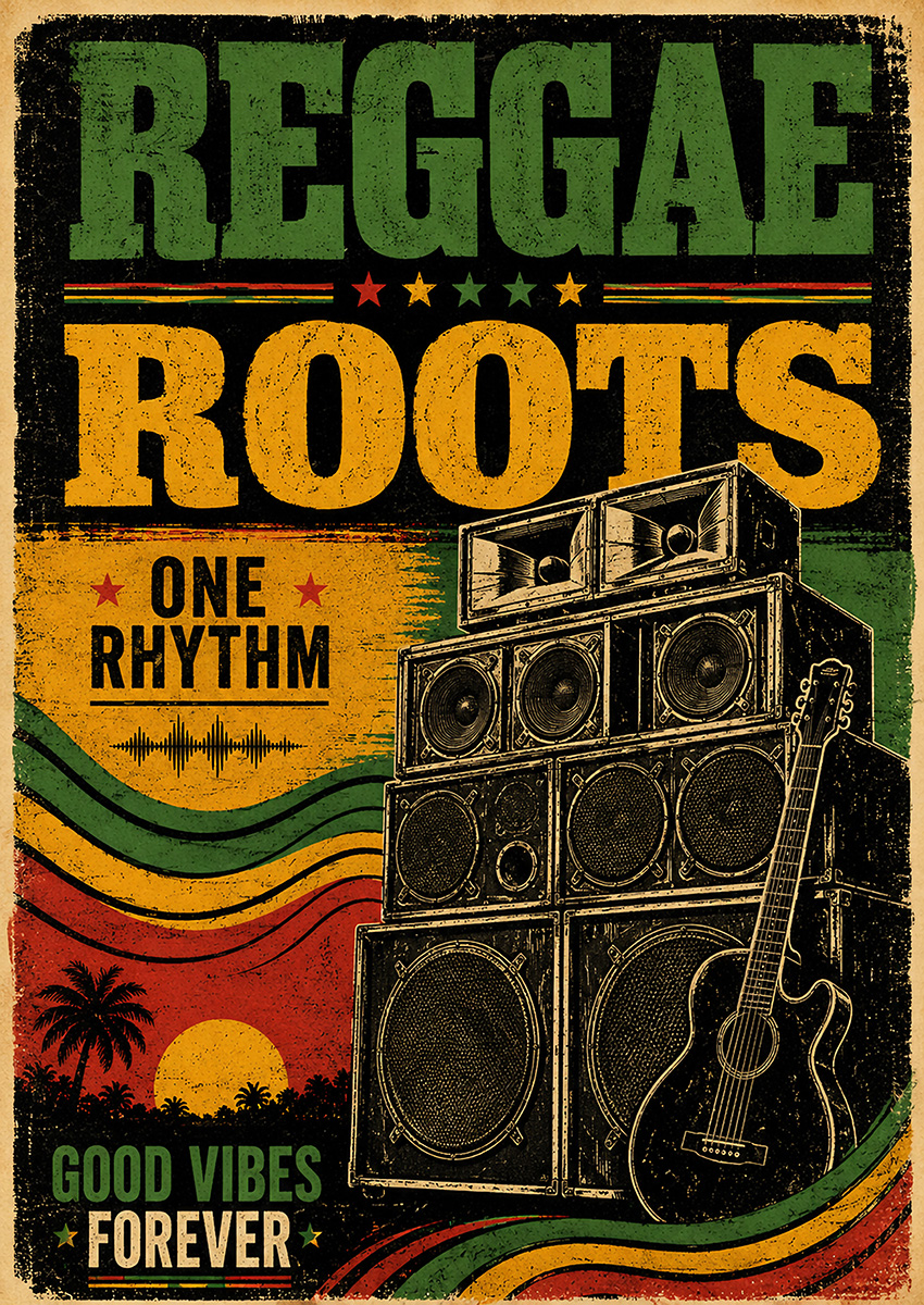 Vintage style poster featuring Reggae Roots text with sound system speakers and acoustic guitar on a colourful background
