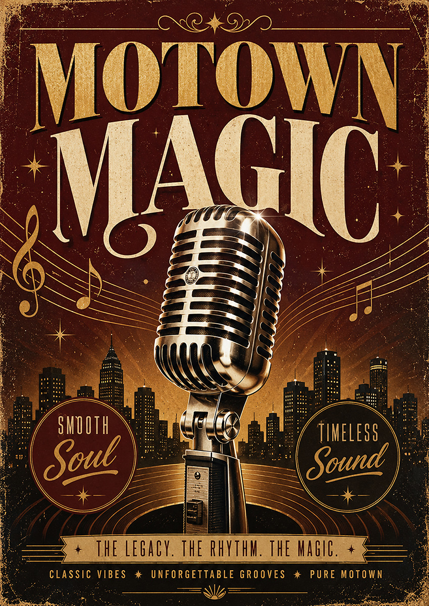 Vintage microphone music art featuring a classic microphone over a stylised city skyline with warm gold accents