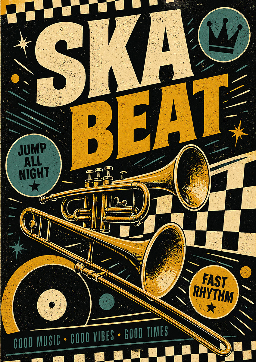 Vintage style ska music poster art featuring a trumpet, trombone, and checkerboard pattern on a dark background