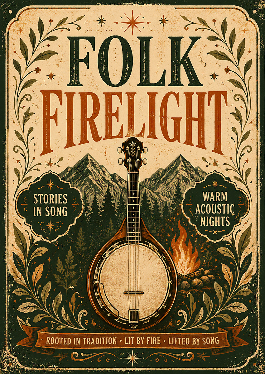 Vintage style folk music poster featuring a central banjo illustration with mountain and campfire graphics