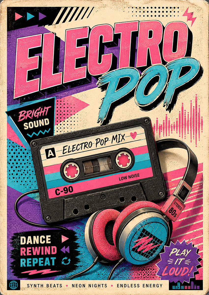 Vibrant 80s retro design featuring an audio cassette tape and stereo headphones with neon pink and blue colour accents