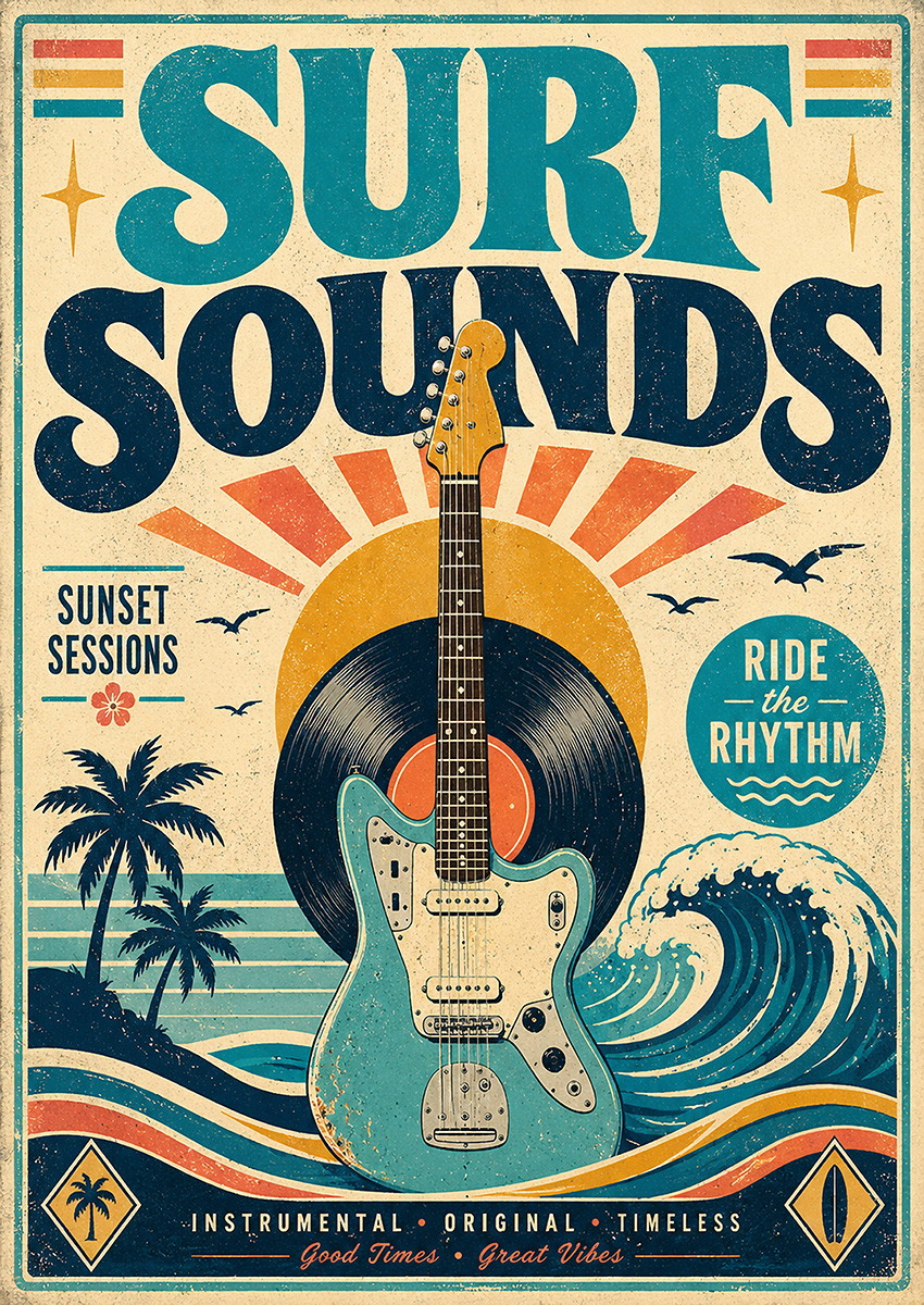 Vintage style poster artwork featuring a Fender Jazzmaster style electric guitar, a vinyl record, palm trees, and ocean waves