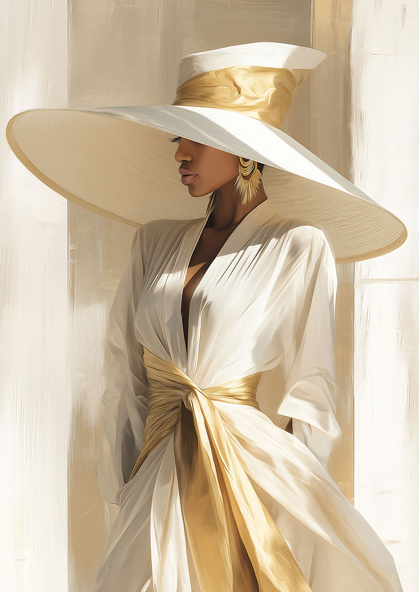 Artwork of an elegant woman in a white and gold dress, styled with a large sun hat.