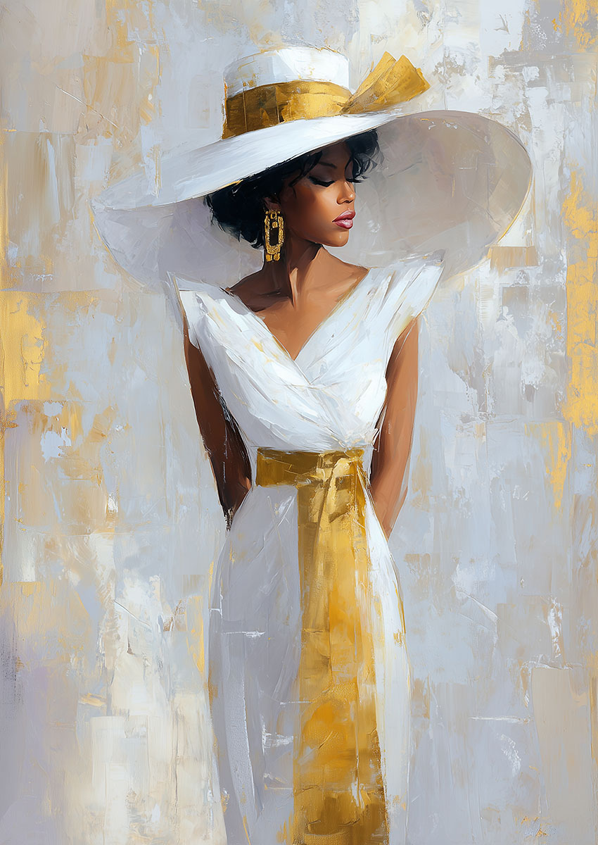 Artwork of an elegant woman in a white dress and hat against a soft background.
