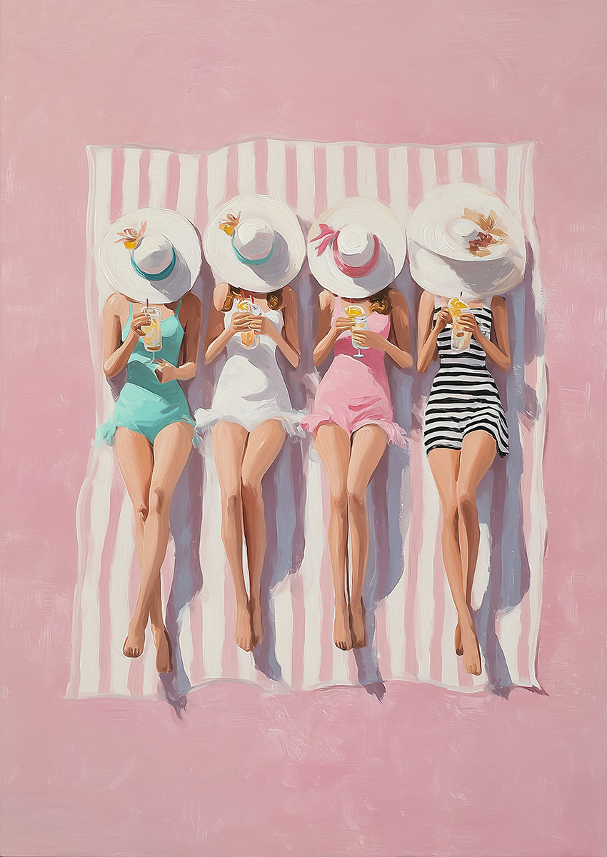 Artwork of a bright pink beach scene featuring women lounging in swimsuits on a striped towel.