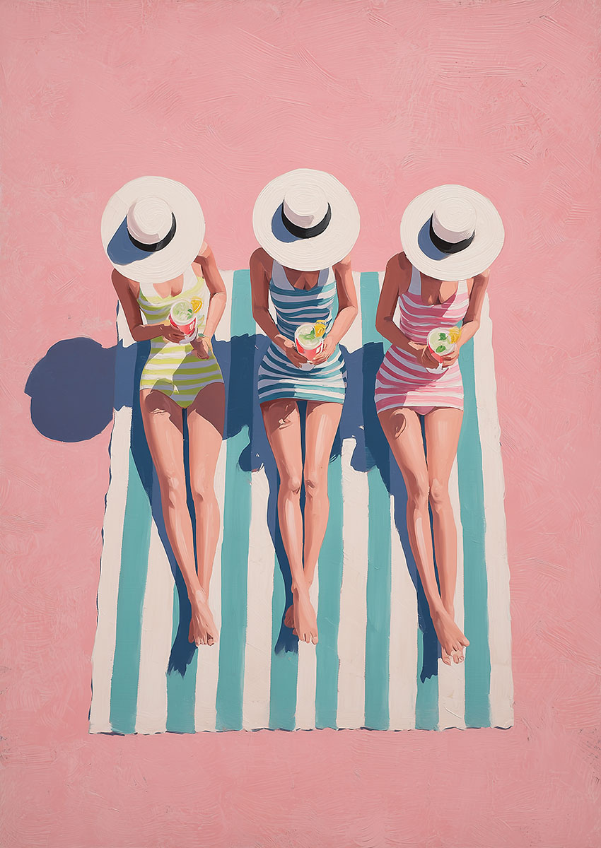 Artwork of three women in striped swimsuits enjoying drinks on a sunbed