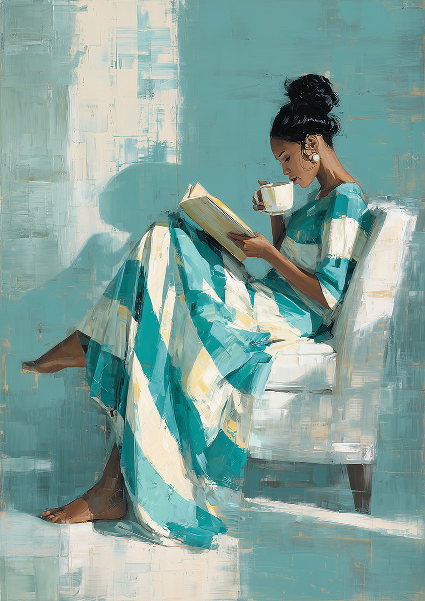 Artwork of an elegant woman reading a book while enjoying a cup of tea in a calm setting.