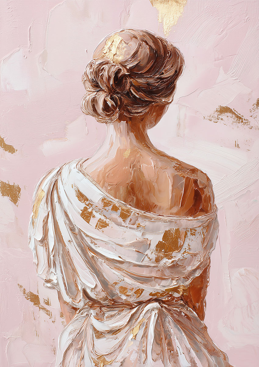 Elegant artwork of a woman with a soft pink background.