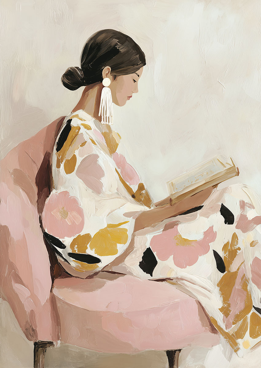 Artwork of an elegant woman reading while sitting on a pink chair, surrounded by soft floral patterns.