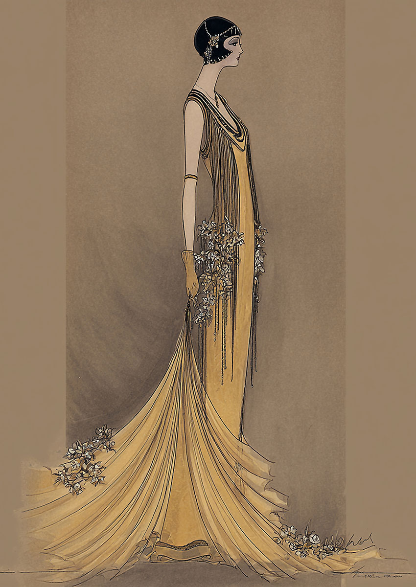 Elegant Art Deco fashion illustration of a woman in a yellow gown with floral details.
