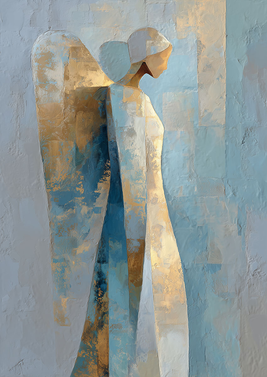 Stylised artwork of an angelic figure in soft blues and gold against a textured background.