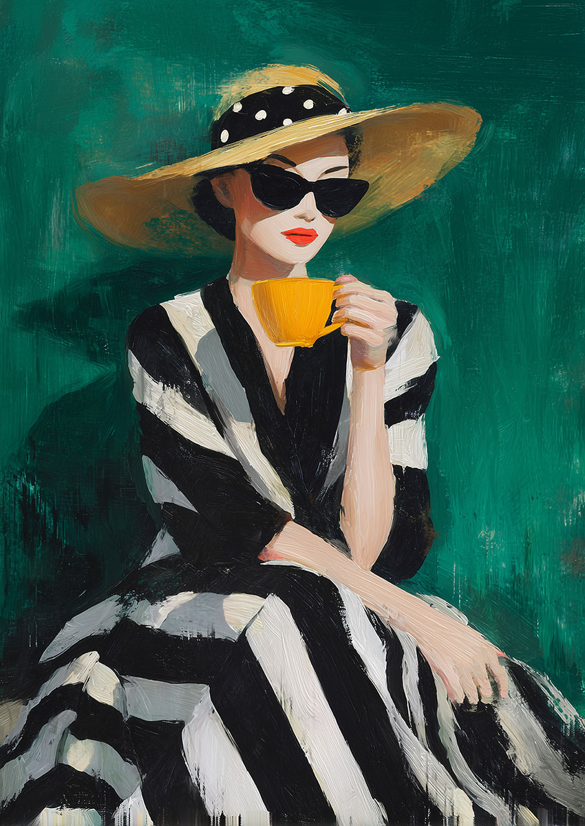 Artwork of an elegant woman sipping from a yellow cup, wearing sunglasses and a hat.