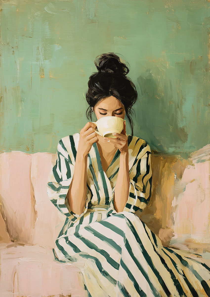 Artwork of a contemplative woman sipping tea in a serene setting with green and pink tones.