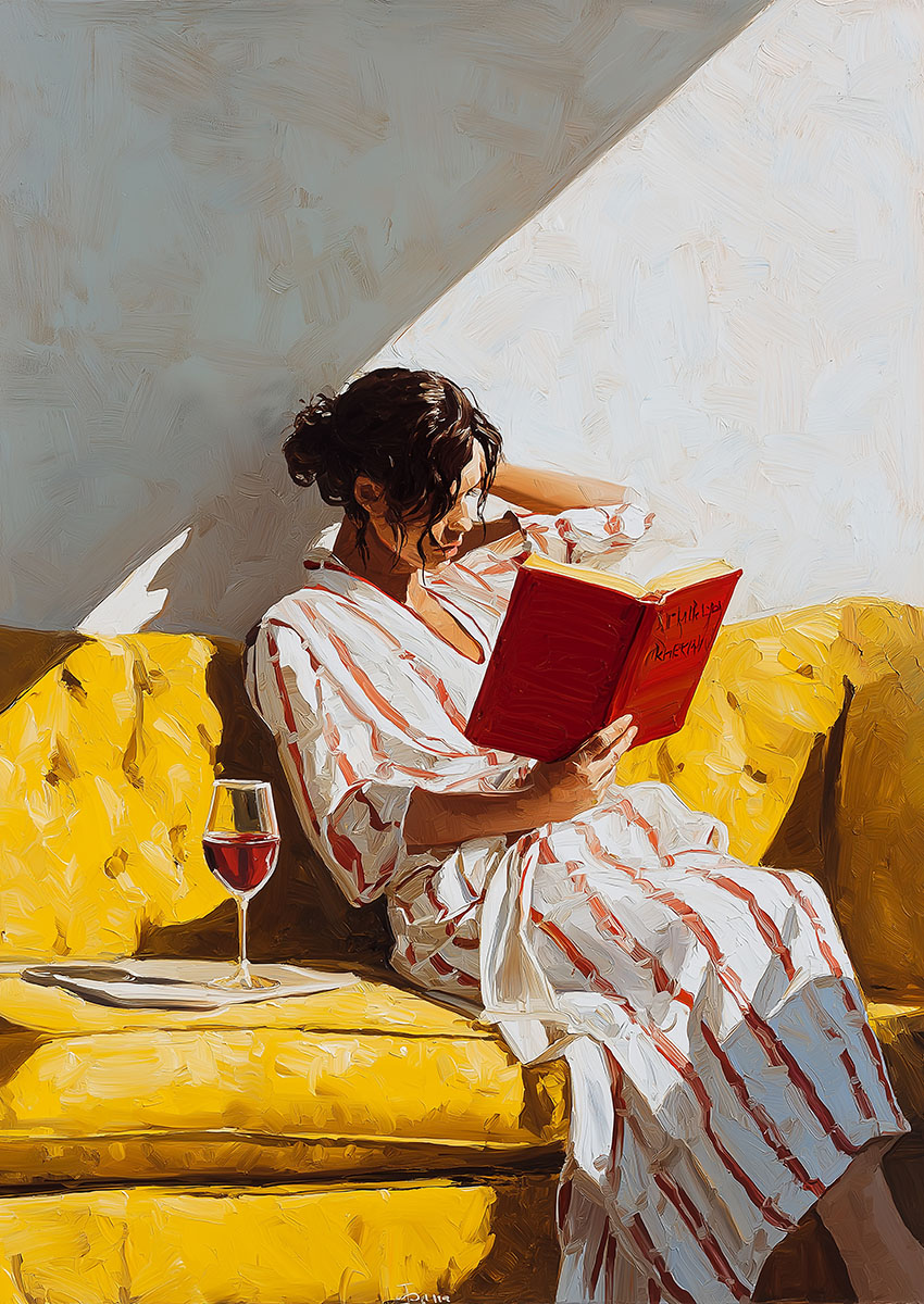 Artwork of a woman reading a red book on a yellow sofa with a glass of wine beside her.